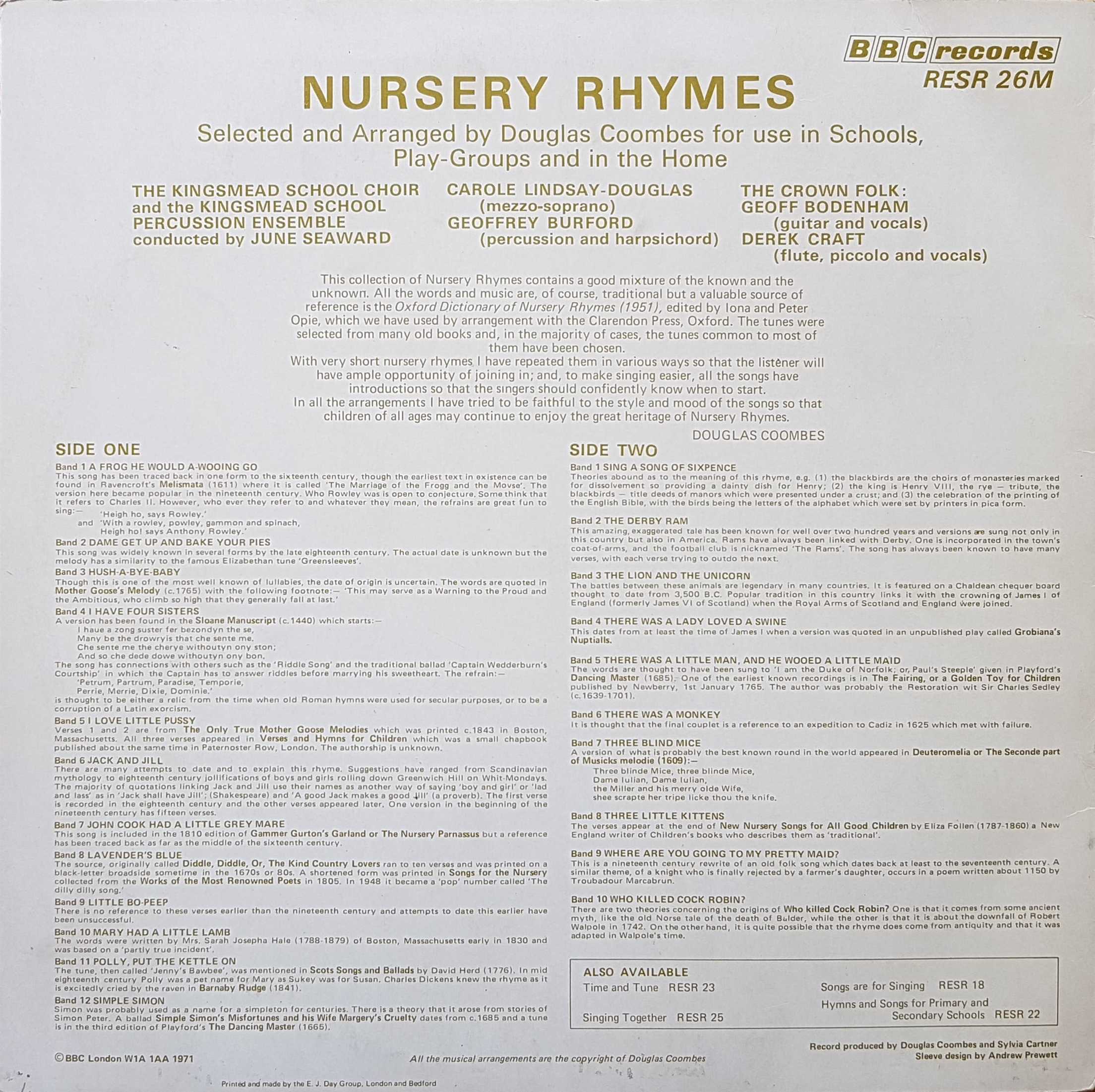 Picture of RESR 26 Nursery rhymes by artist Douglas Coombes from the BBC records and Tapes library